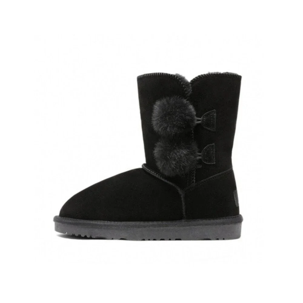 Dream Paris Sheepskin Fur Kids PomPom Black Boots 1Y